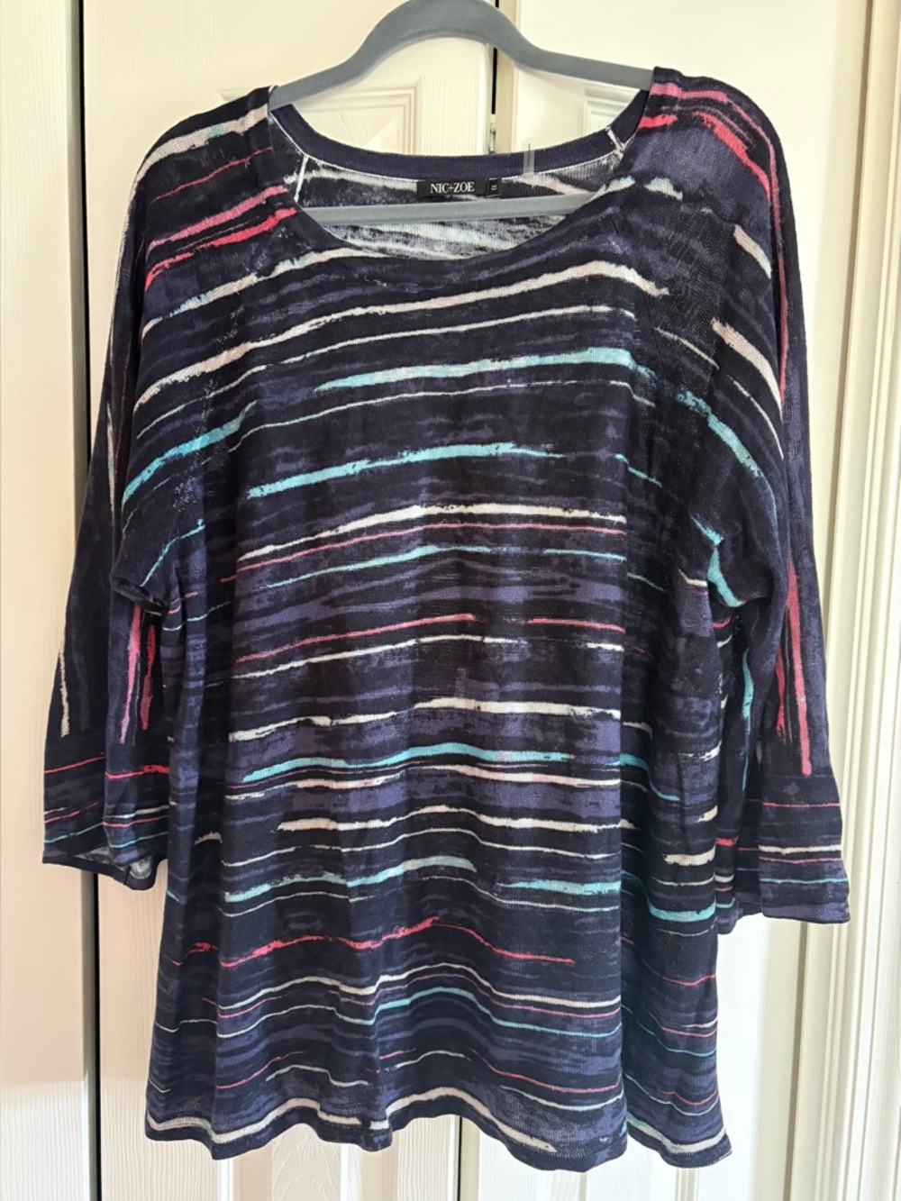 Nic+Zoe Navy Blue White and Pink Striped Scoop Neck Knit Top